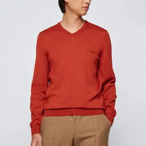 Hugo Boss V-neck Cotton Wool Blended  Sweater With Logo Embroidery